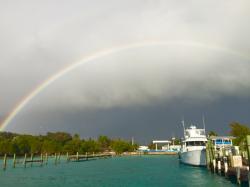 Rainbow over George Town: The view looking towards George Town from Exuma Yacht Club
